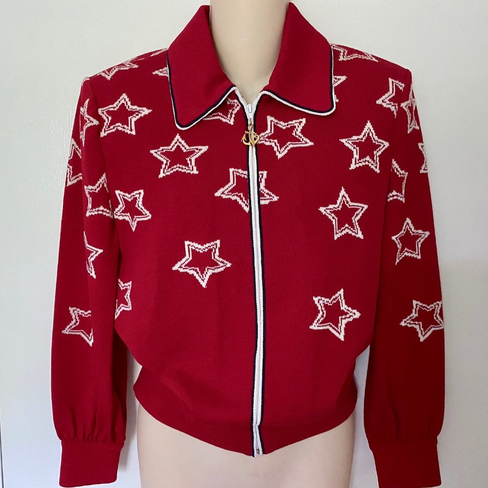 7) Vint. St.John Marie Gray Santana Preppy Christmas Retro Stars Cardigan Bo…